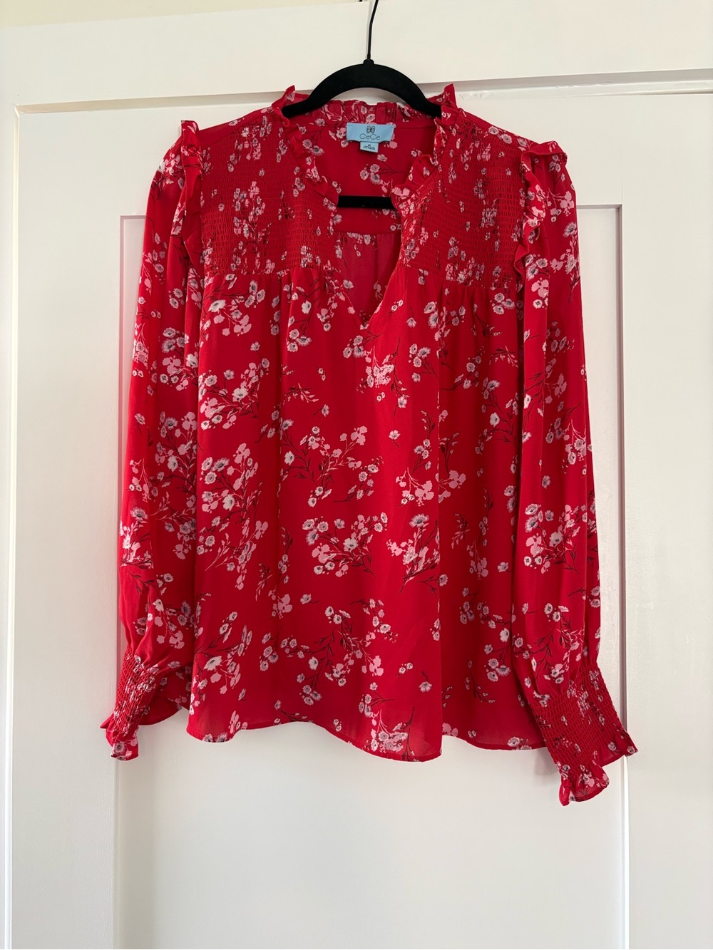 CeCe Red Cherry Blossom Floral Smocked V Neck Long Sleeve Blouse